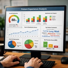 Patient experience analytics dashboard on a computer screen showing healthcare service data and feedback trends.