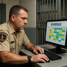 photographic prison staff looking at a schedule on a computer-1