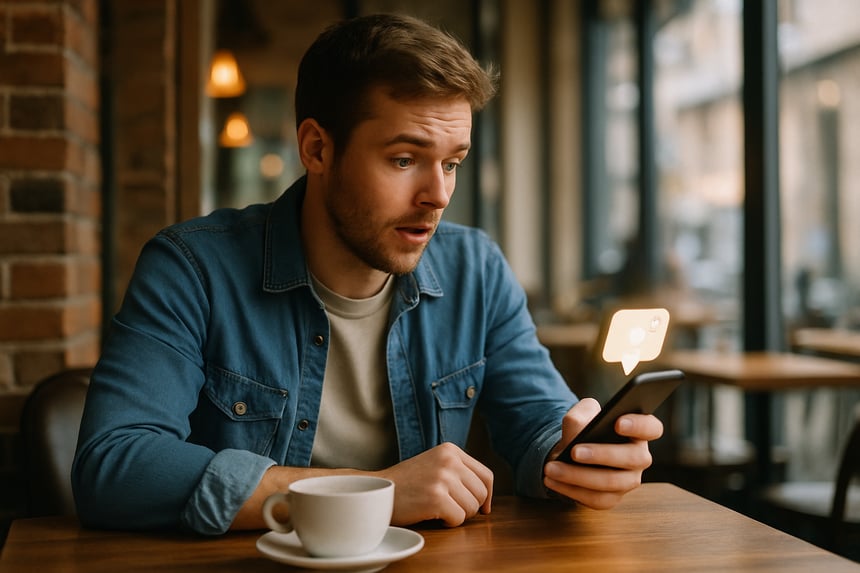 photographic someone at a cafe waiting and getting a phone notification