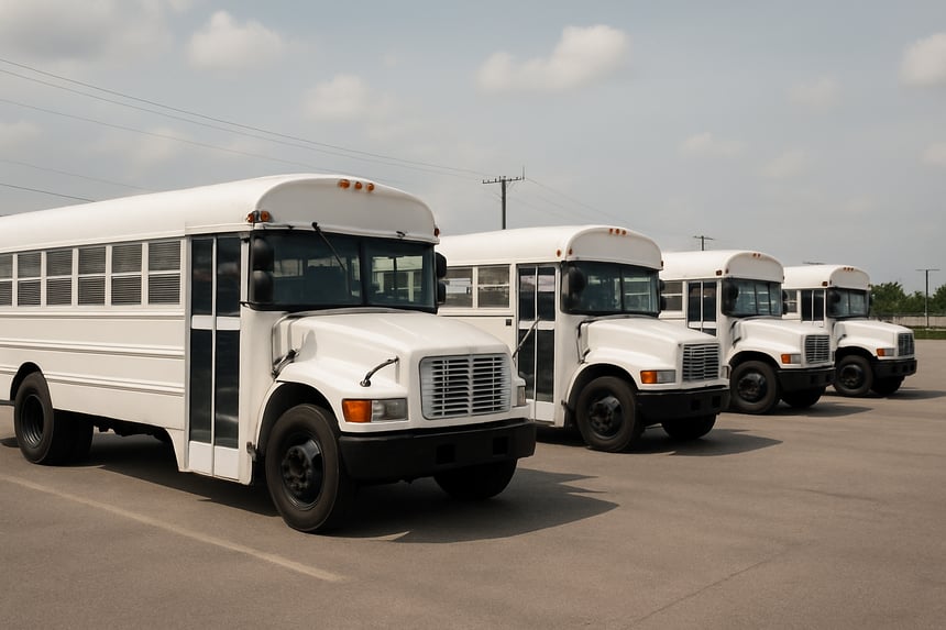 photographic white prison buses  with no writing in a virtual queue-1