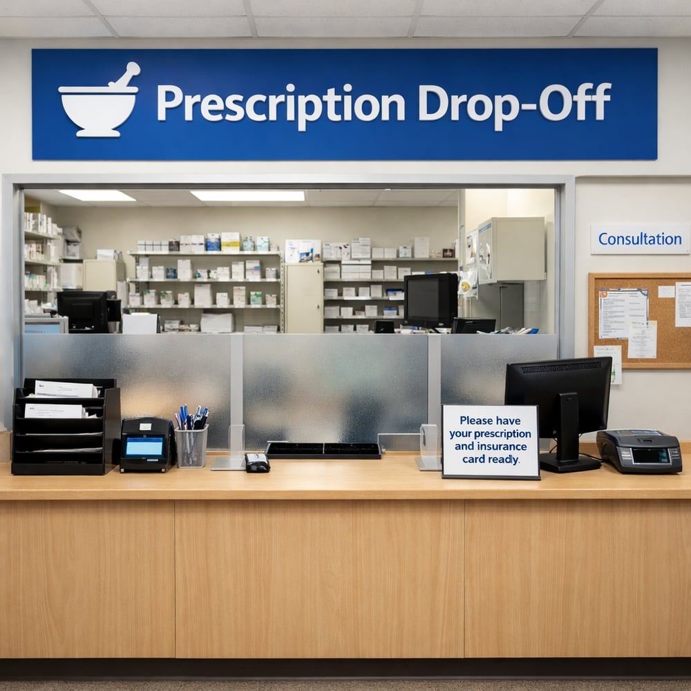 Prescription drop-off zone in a modern pharmacy.
