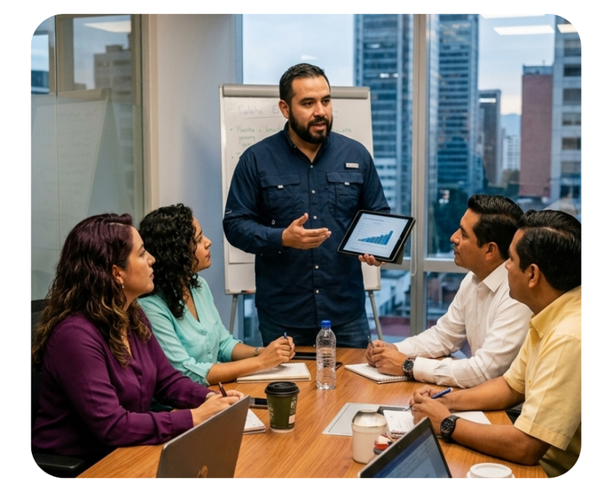 A man speaking with his business team about results.
