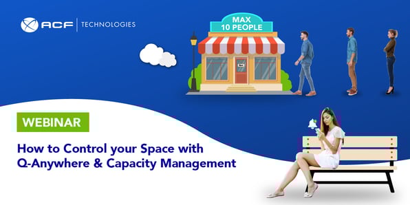 Store with a maximum capacity of 10 people and a woman sitting on a bench looking at her cell phone
