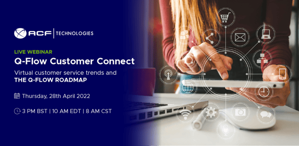 Invitación de Webinar Q-Flow Customer Connect, mano de una mujer haciendo clic en una tablet con varios iconos a su alredor simulando omnicanalidad