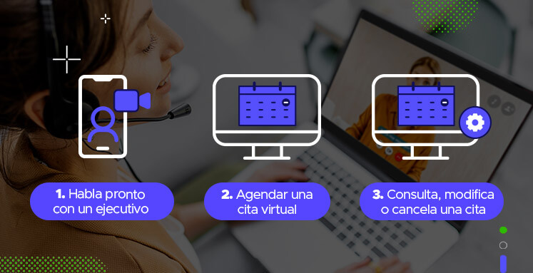 3 iconos de un proceso de videollamada sobre una foto de una mujer teniendo una videollamada a través de su laptop