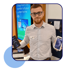 caucasian male holding smartphone boxes