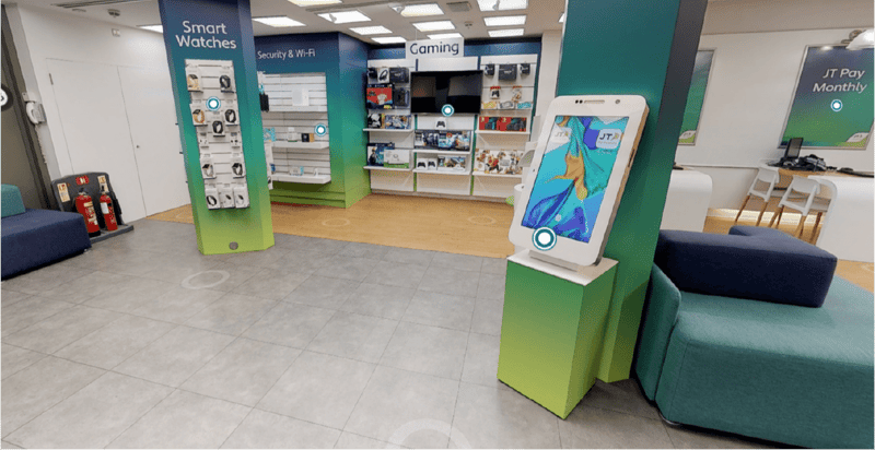 Jersey telecom's lobby interior, digital signage screen, smart watches
