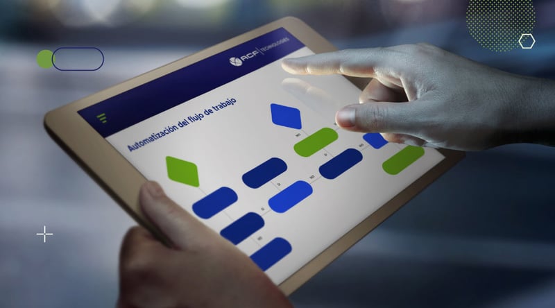 Manos sosteniendo una tablet con un gráfico de automatización del flujo de trabajo BPM de ACF Technologies.