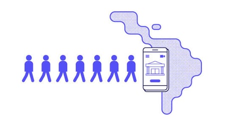 Iconos de personas en fila caminando hacia un dispositivo móvil sobre una ilustración de latino américa