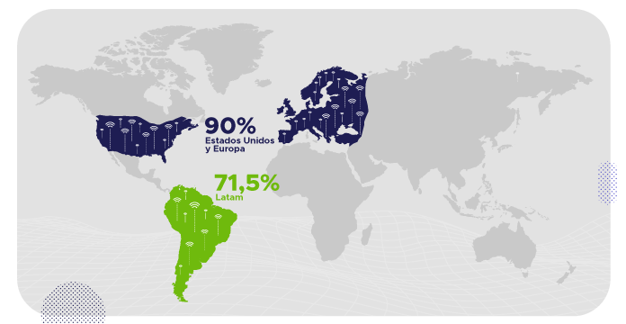 Mapa mundi que resalta las zonas de acceso a internet eeuu, europa y latam