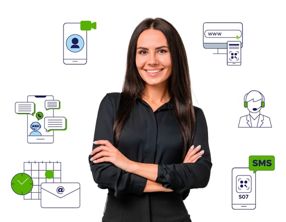 Mujer sonriendo con iconos alrededor de cita, correo, chatbots, videollamadas, ticket virtual y agente de servicio_ACFTechnologies_CustomerScience