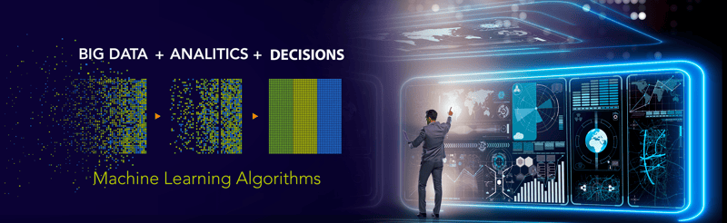 Ilustración digital editada con foto de un hombre en traje y gráficos en tonos azules incluye frases escritas en el idioma inglés;