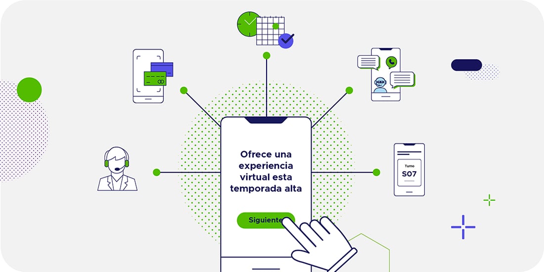Dispositivo con cinco iconos alrededor para ilustrar la experiencia virtual de ofrecer una atención personalizada esta temporada alta