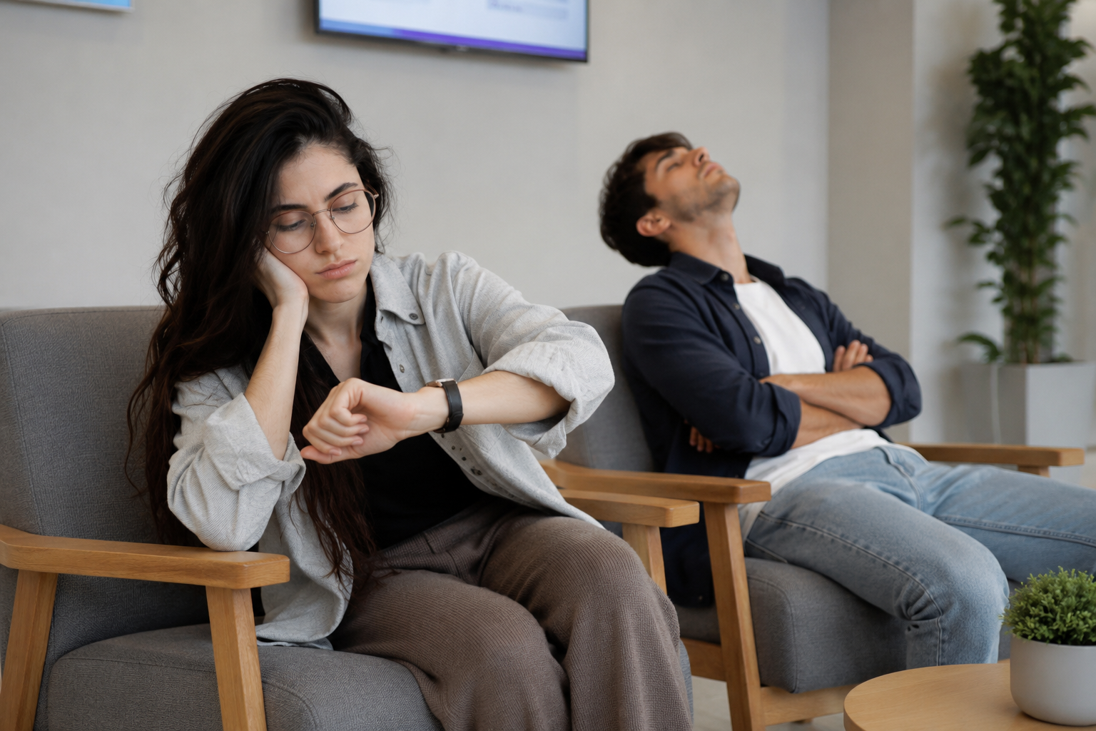 Clientes esperando ser atendidos en una sala de espera, mostrando frustración por el tiempo de espera.