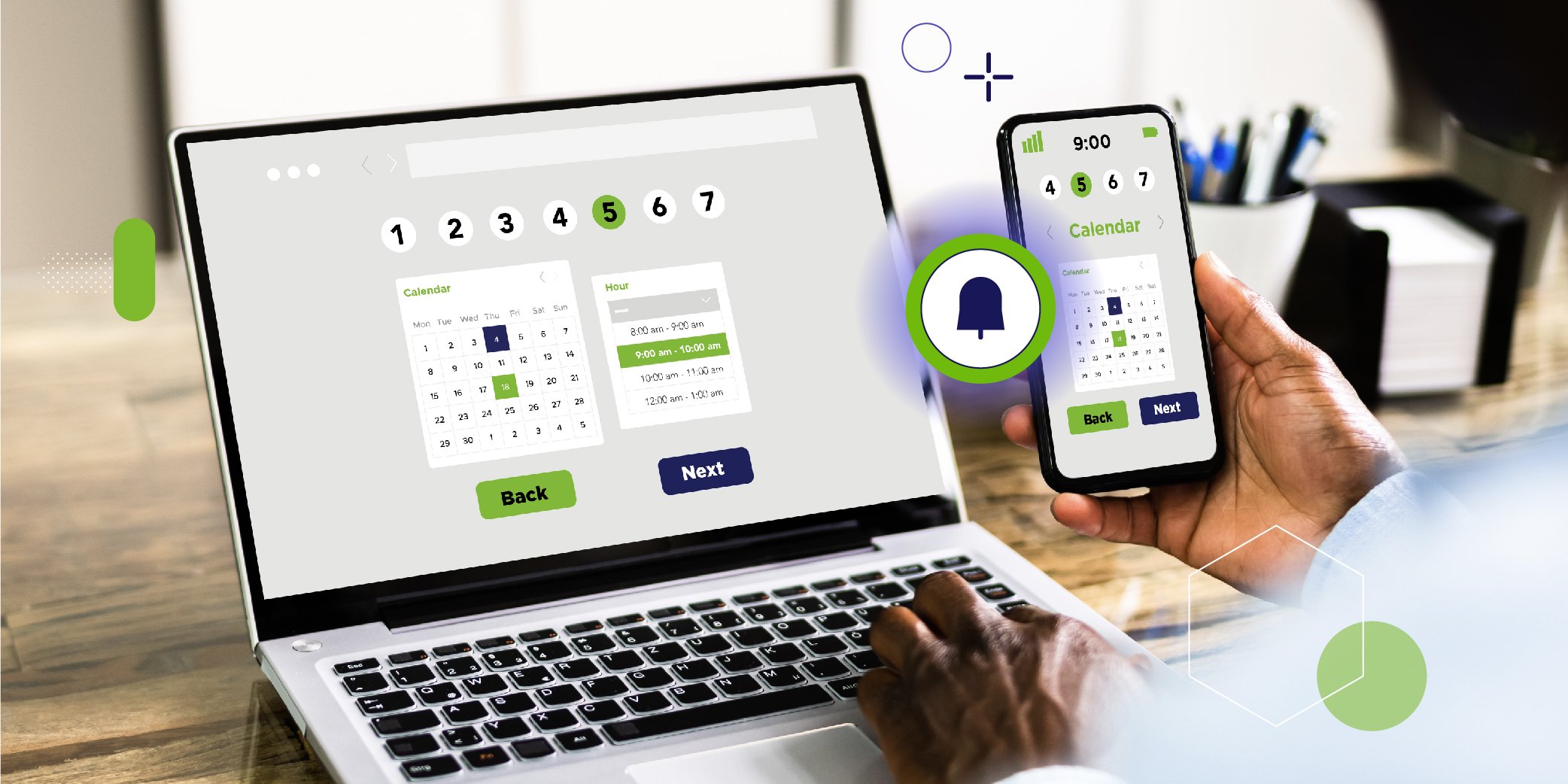 The online appointment system is displayed to schedule a specific time and day on responsive screens