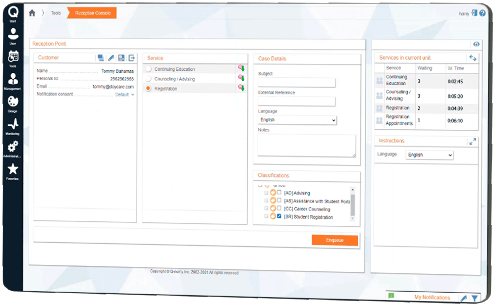 ACF Q-Flow Reception console, Enqueue