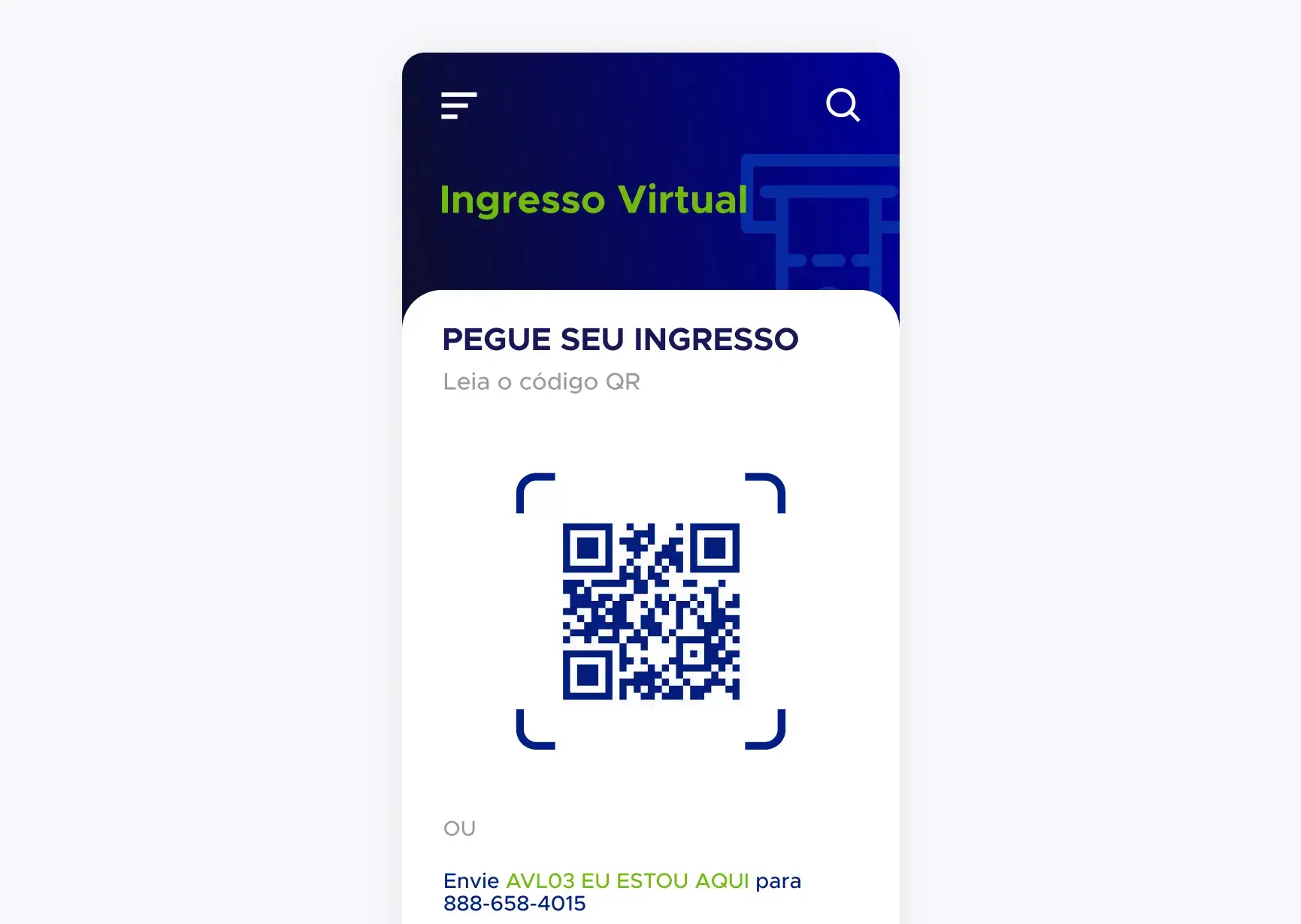 Tela de ticket virtual com um código QR
