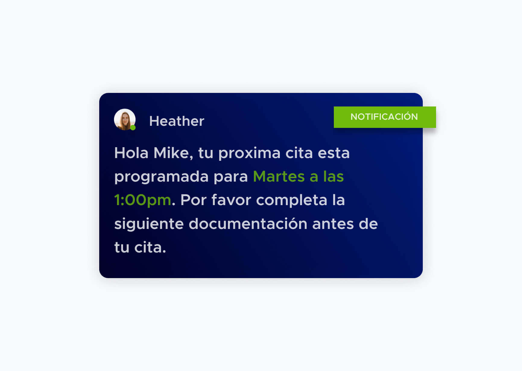 Notificación de Heather hacia Mike recordando su cita