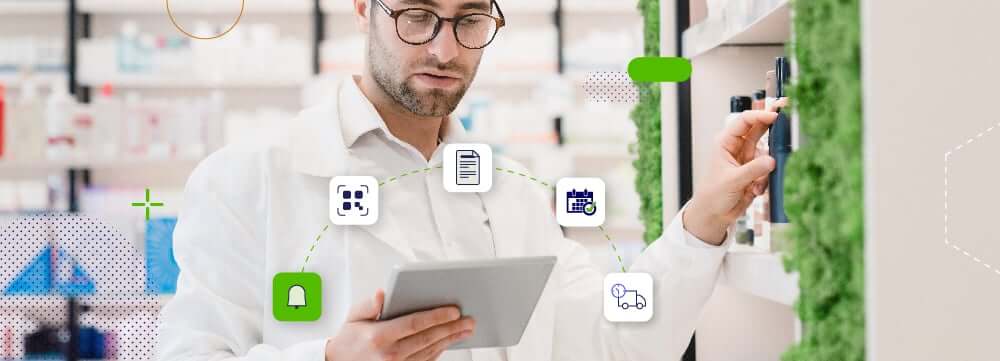 Pharmacist holding tablet surrounded by icons while taking medication off of a shelf