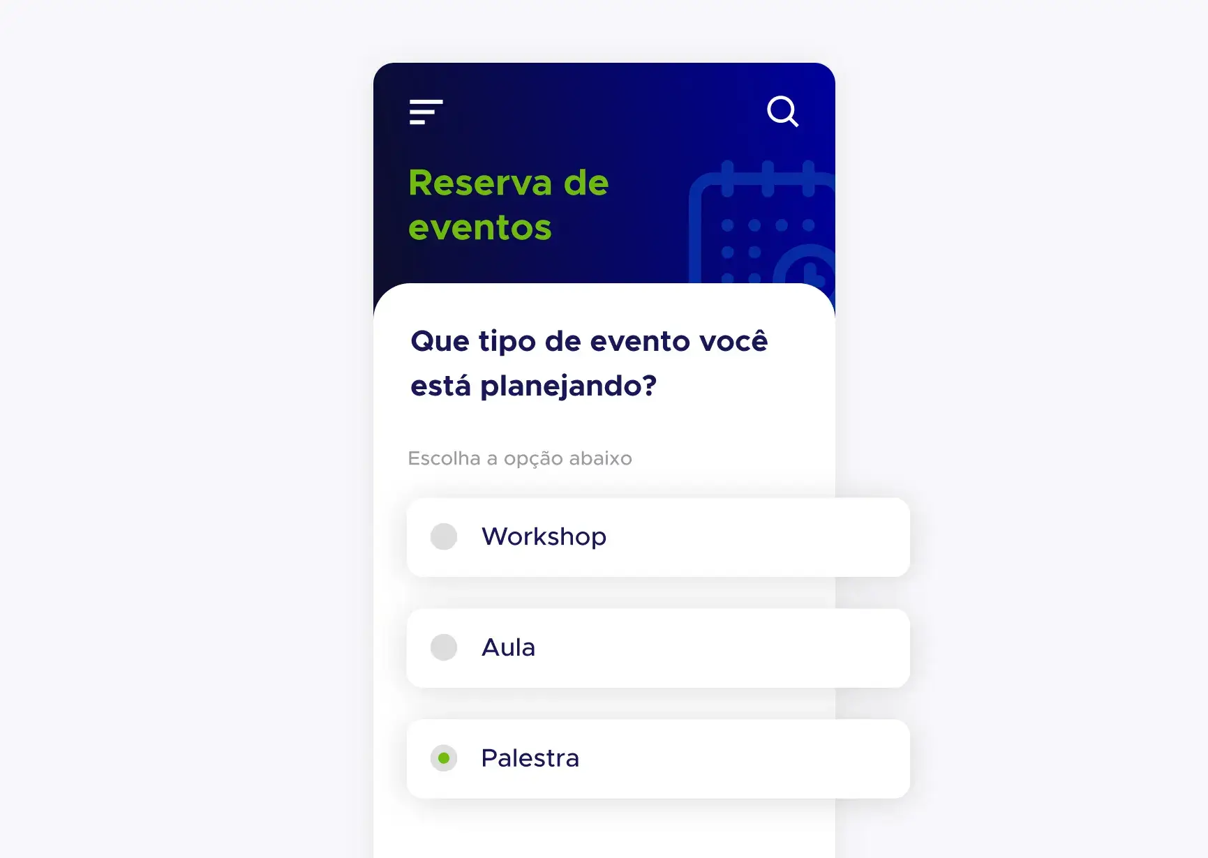 Tela de aplicativo de reserva de eventos da ACF Technologies