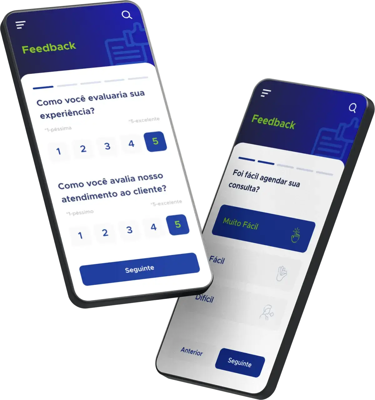 Dois smartphones com telas que simulam a pesquisa de clientes da ACF Technologies