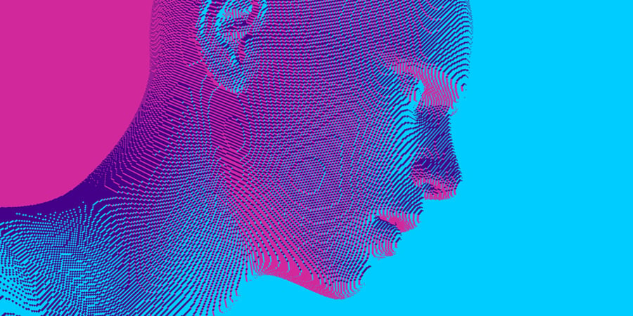 Digital artistic impression of artificial intelligence with blue and pink cyborg head