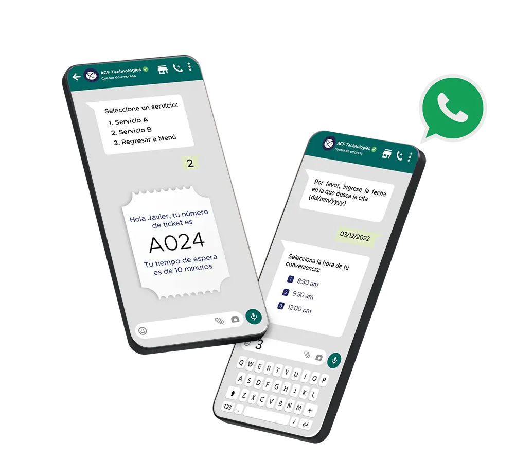 Dos ejemplos de notificaciones automáticas en la aplicación WhatsApp, selección de servicio y selección de fecha
