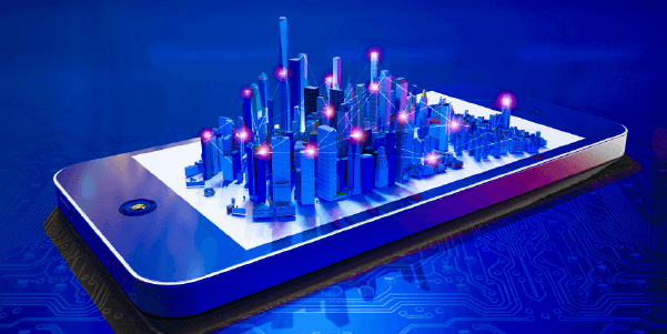 Visualización de una ciudad sobre la pantalla de un teléfono inteligente