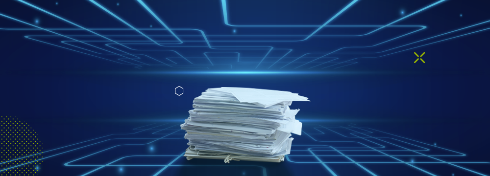 Torre de papeles en blanco apilados con fondo azul digital editado