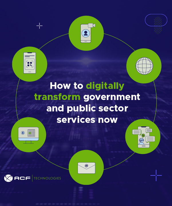 How to digitally transform government and public sector now cover of pocket guide with different comunication channels icons around the title