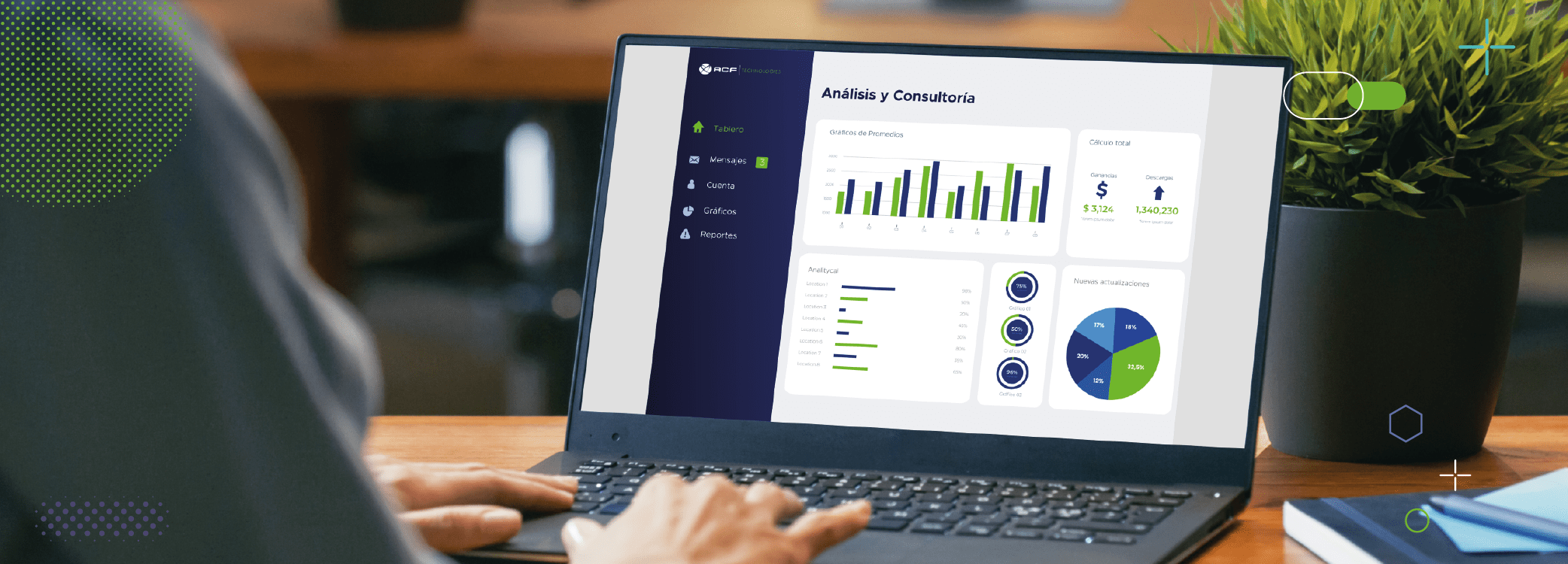 Hombre trabajando en computadora donde se ve la interfaz de datos de Q-Flow