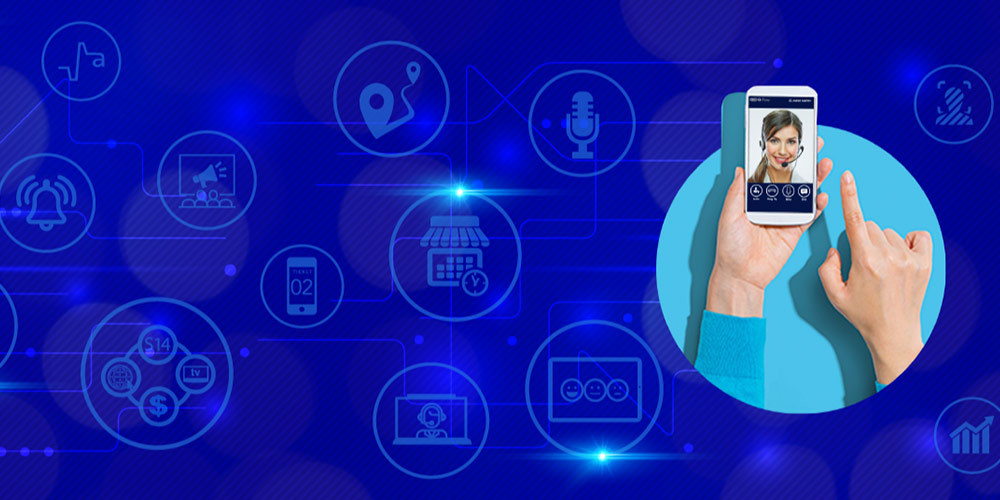 Imagem de vários ícones em um fundo azul e a ilustração de uma mão com um smartphone fazendo uma videochamada