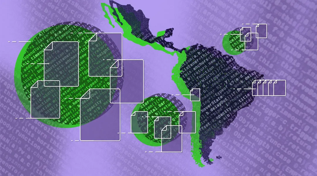 Mapa de América del Sur y Centro América con iconos de archivos en colores morado y verde