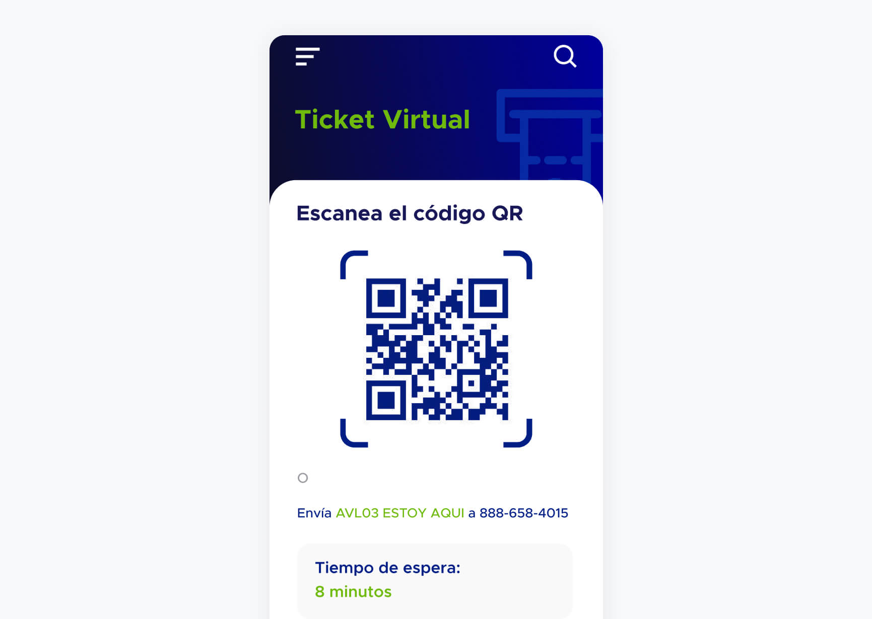 Pantalla de ticket virtual con un código QR