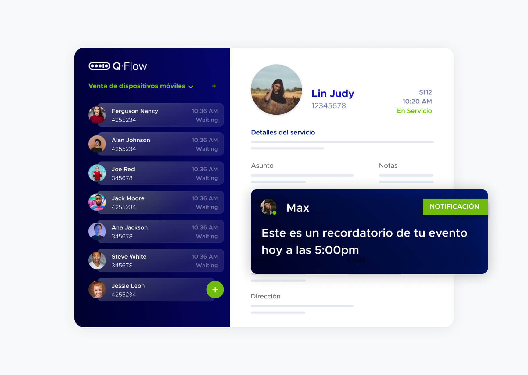 Simulación de notificación a Max en la plataforma Q-Flow
