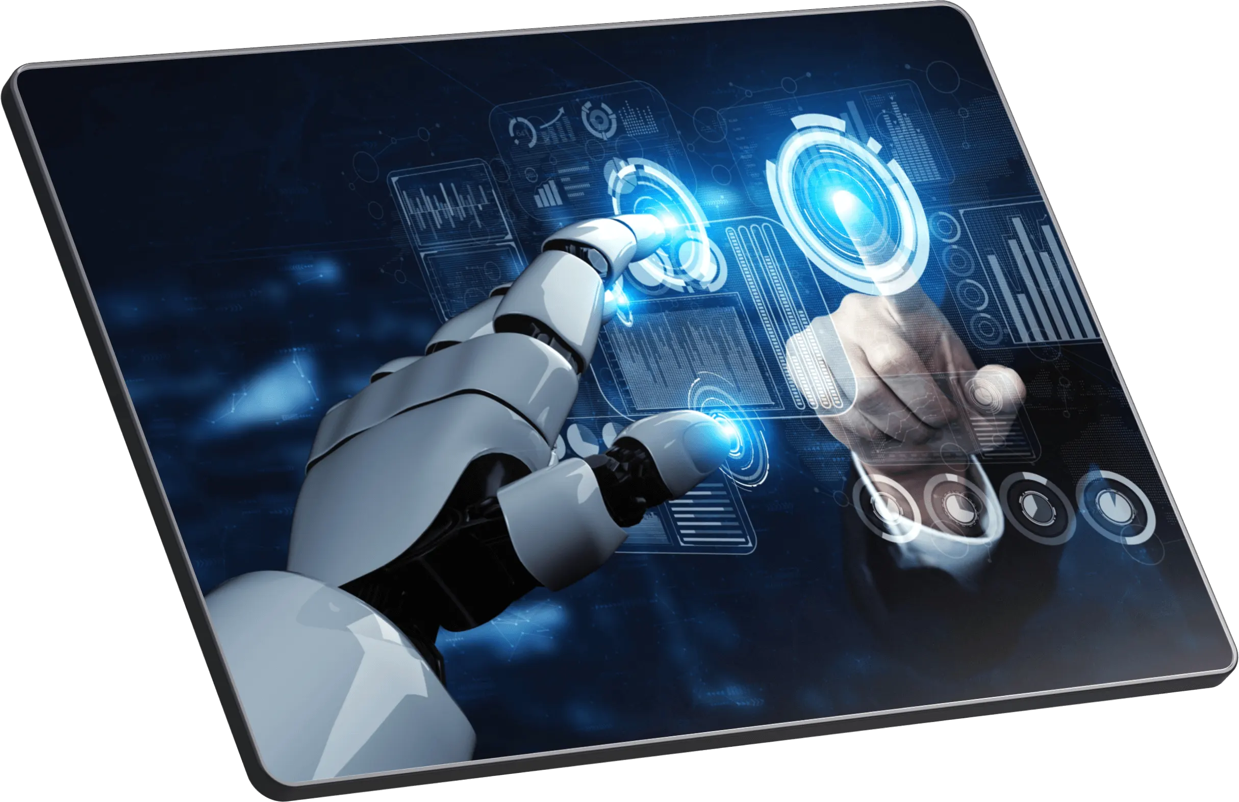 ACF SA ES Mano de robot y mano humana tocando una pantalla de ipad
