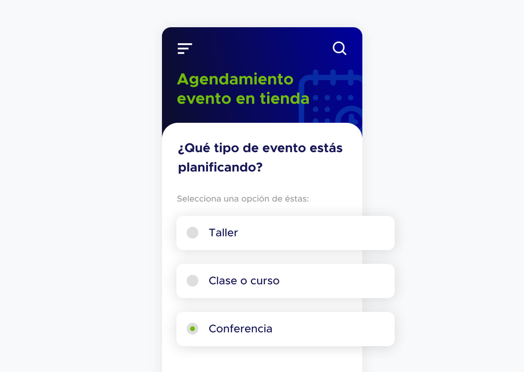 Pantalla de aplicación de reserva de eventos de ACF Technologies
