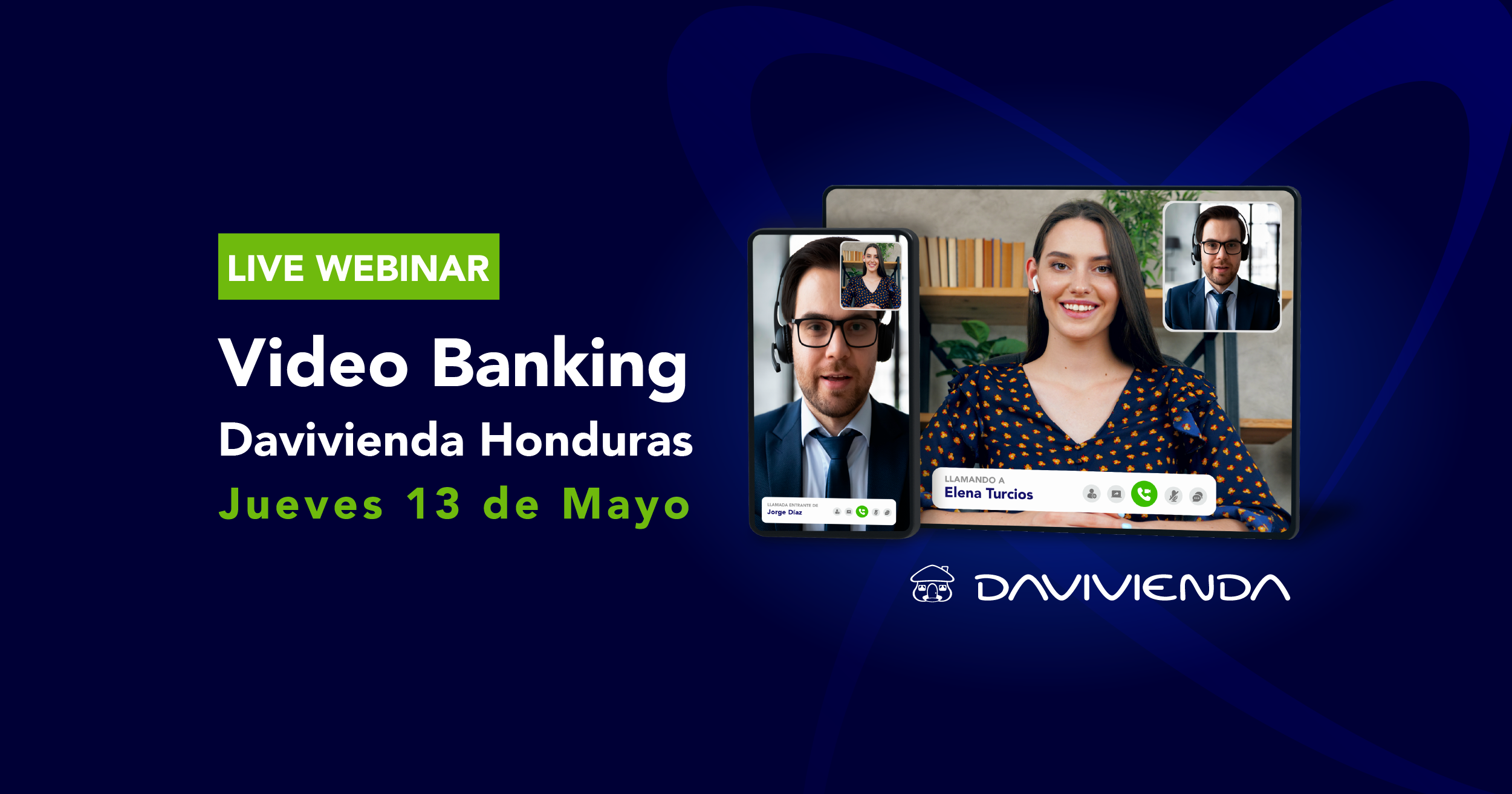 Ejecutivo atendiendo a cliente por videollamada mediante el celular y tablet - Webinar Video Banking