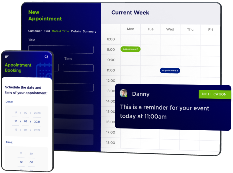 Appointment Management software from ACF Technologies showing UI in a tablet and a smartphone