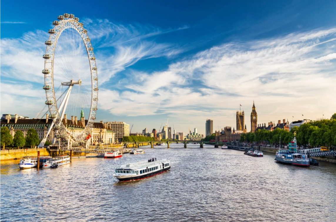 Fotografia da cidade de Londres tirada no Tamisa, mostrando a Grande Roda de um lado e o Big Ben ao fundo