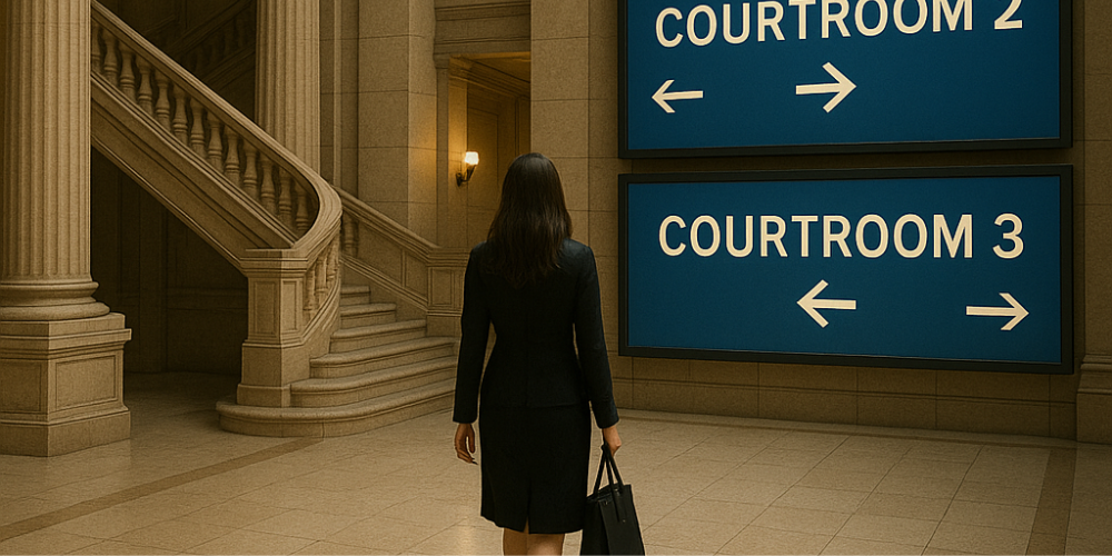 Woman in a courthouse looking at digital screens