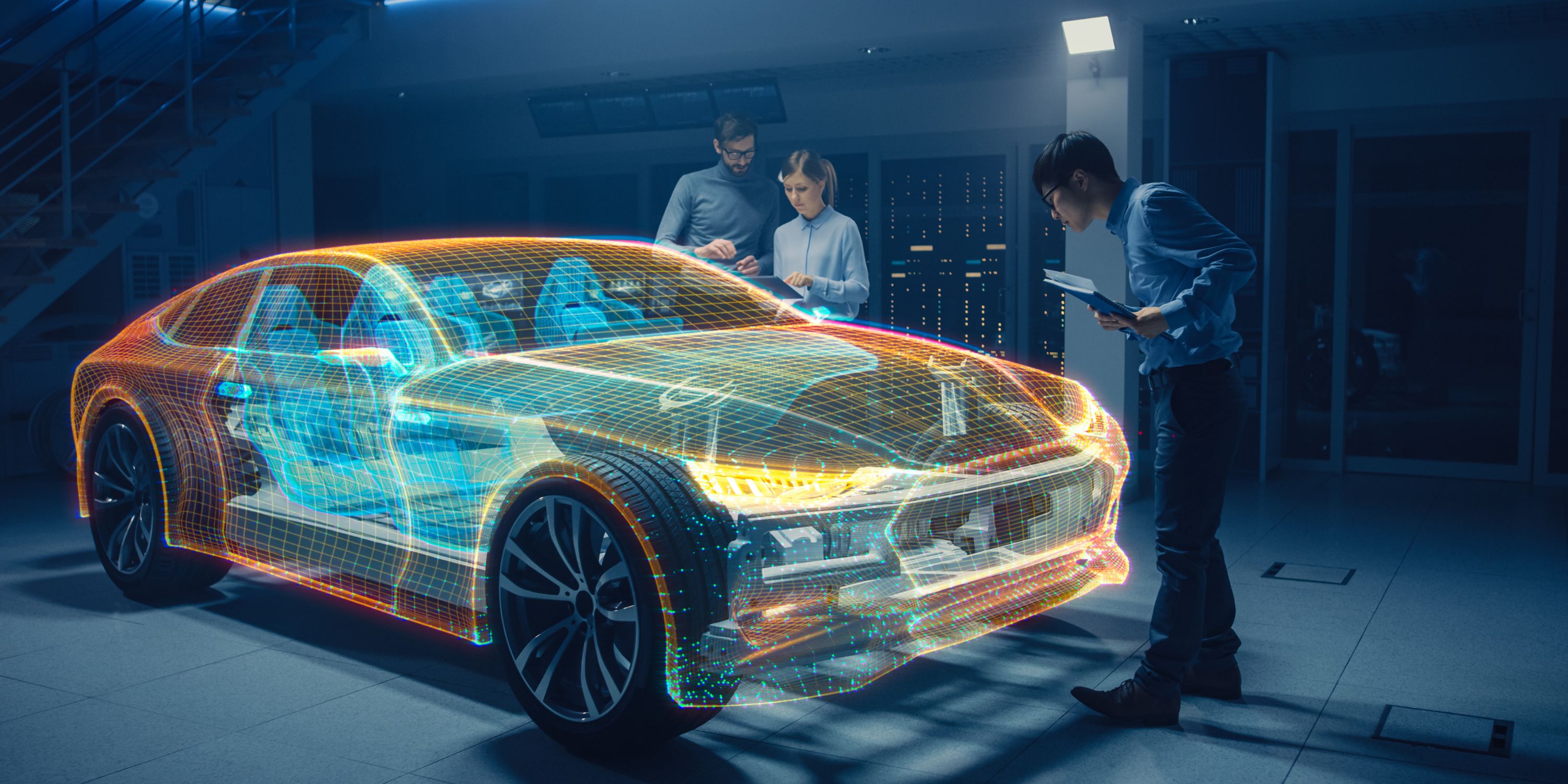 Futuristic automobile on display near computers in a testing facility while 3 technicians review the technology of the car