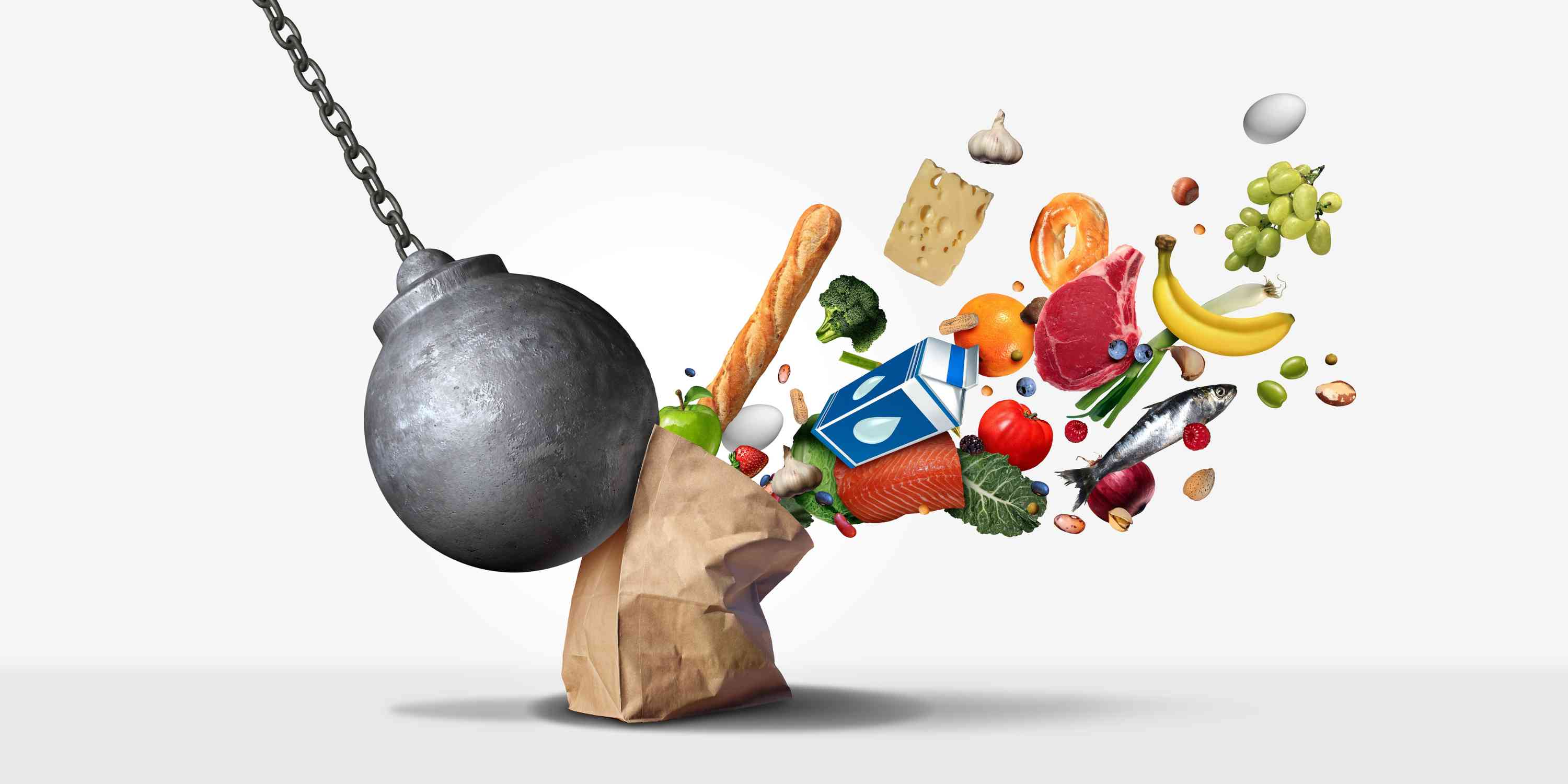 a wrecking ball hitting grocery shopping bag