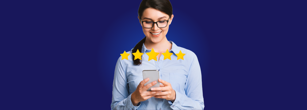 Girl with glasses giving a five star rating on her smartphone
