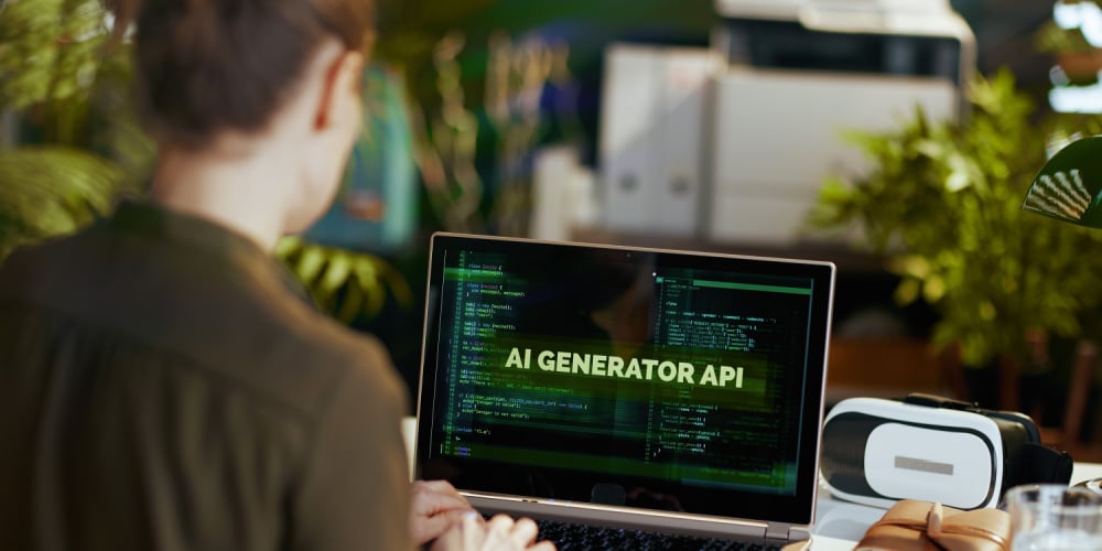 Woman working with AI on her laptop. 