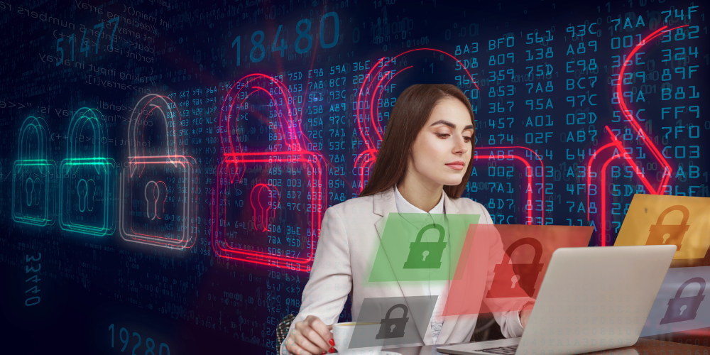 Woman working at desk with a digital security background.