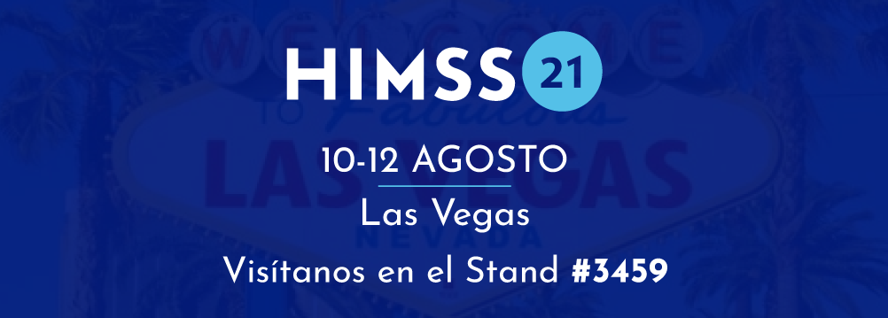 Imagen de fondo azul con el texto HIMSS21 Las Vegas