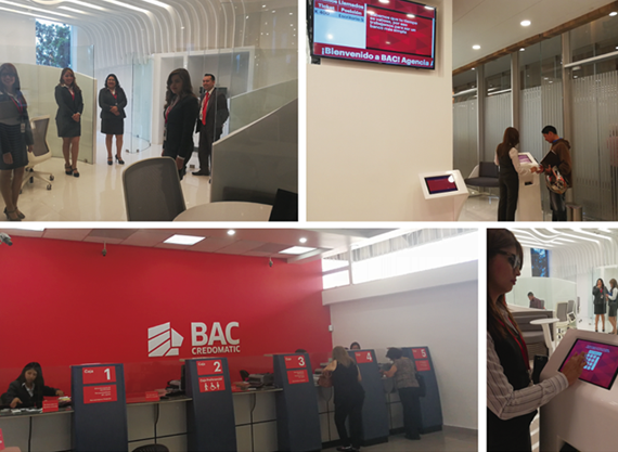 Equipe bancária utilizando Q-Flow em agência BAC Credomatic
