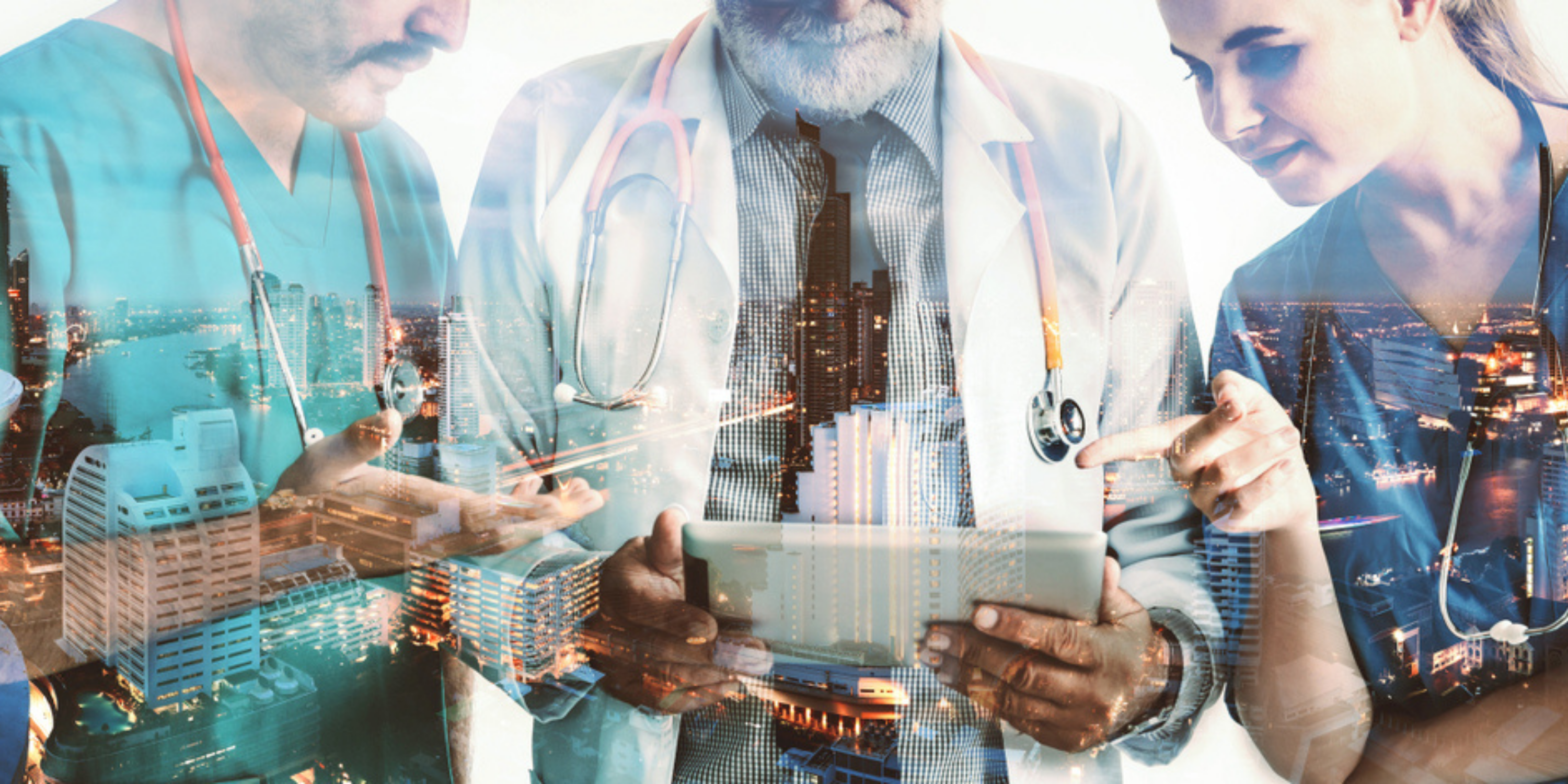 Three healthcare professionals looking at a screen and futuristic background of a skyline.