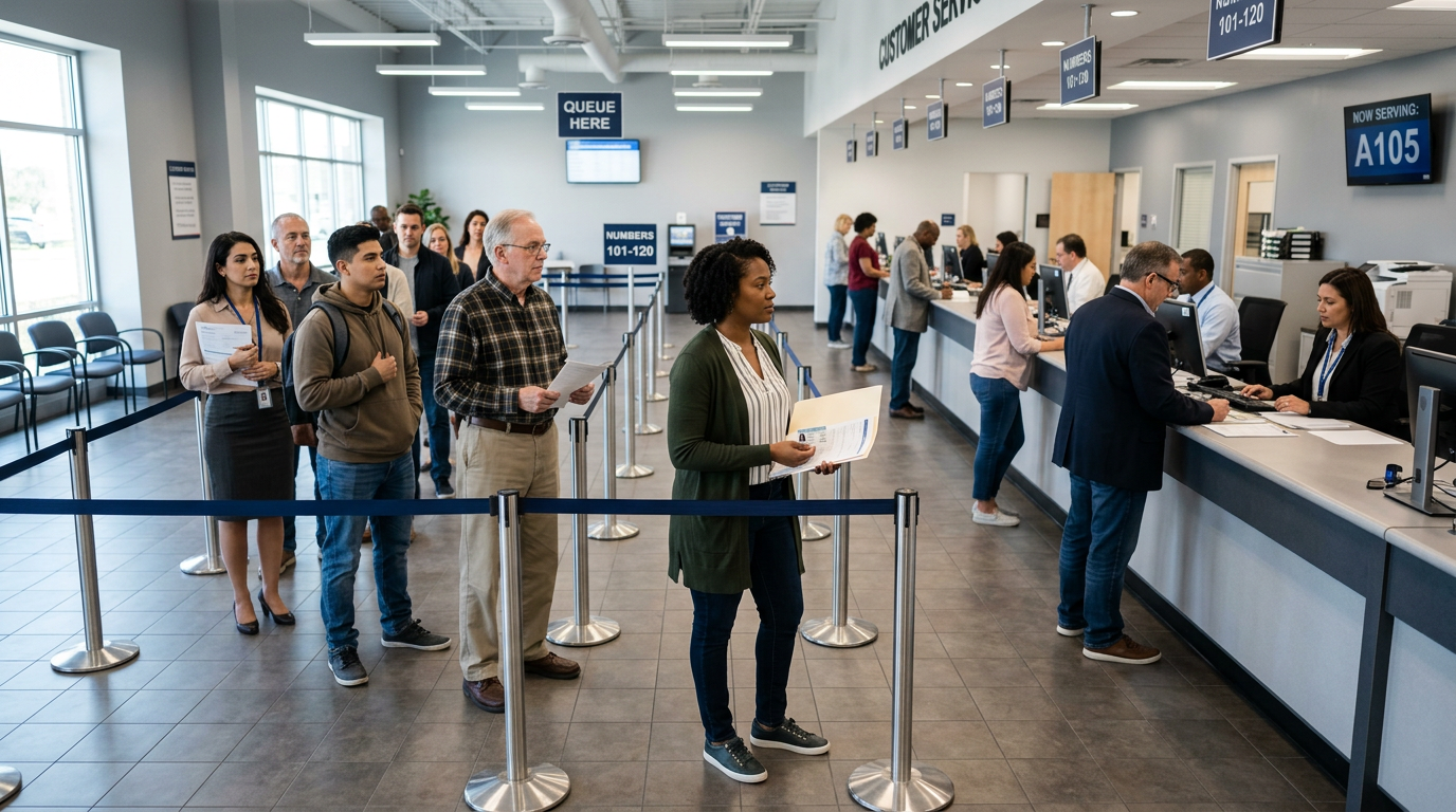 Busy tax collector office showing people queuing for services.